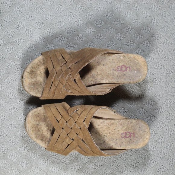 Ugg Size 9 Tan Suede & Cork Wedge Heel - Picture 2 of 6